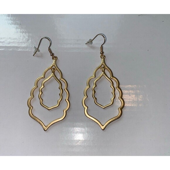Gold Toned Double Drop Earrings Open Frame Lightweight Casual or Formal - Picture 2 of 8